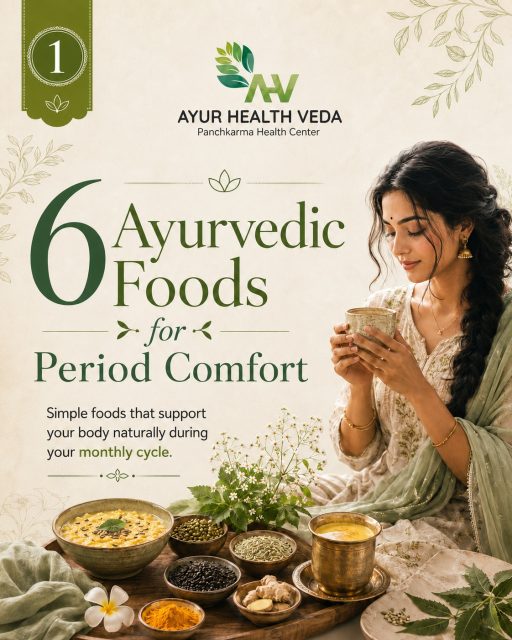 Your monthly cycle needs comfort, nourishment and balance. 🌿

Here are 6 simple Ayurvedic foods that may support digestion, Vata balance, relaxation and period comfort naturally — from warm ghee and sesame seeds to khichdi and turmeric milk.

Small food choices can make a big difference in how your body feels during periods.
Save this carousel for your next cycle. ✨

📞 +91 70182 72566
📍 Ayur Health Veda, Sidhpur, Dharamshala

[Ayurvedic Foods, Period Comfort, Warm Ghee, Sesame Seeds, Dry Ginger, Fennel Seeds, Moong Dal Khichdi, Turmeric Milk, Vata Balance, Ayur Health Veda]

#Ayurveda #PeriodComfort #Panchakarma #WomenHealth #AyurHealthVeda