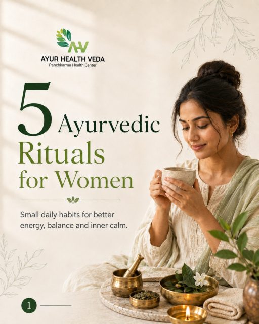 5 simple Ayurvedic rituals every woman should try for better energy, balance and inner calm. 🌿

From waking up before the world gets busy to oil massage, mindful meals, foot massage and gentle breathing — Ayurveda teaches us that small daily habits can create deep wellness over time.

Start with one ritual today and make it a part of your routine. ✨

Which ritual will you start first?
Comment “RITUAL” for more Ayurveda tips.

📞 +91 70182 72566
📍 Ayur Health Veda, Sidhpur, Dharamshala
🌐 www.ayurhealthveda.co.in

#Ayurveda #WomenHealth #AyurvedaLifestyle #SelfCareRoutine #AyurHealthVeda

[Ayurvedic Rituals, Women Health, Daily Routine, Oil Massage, Gentle Breathing, Foot Massage, Digestive Health, Ayurveda Tips, Self Care, Ayur Health Veda]